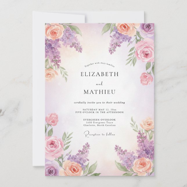 Convite Casamento Lilás Wisteria com Rubor (Frente)