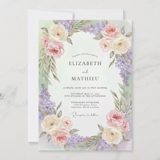 Convite Casamento Lilás Wisteria Creme Suave (Frente)