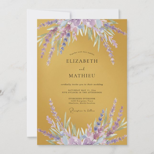 Convite Casamento Lilás Wisteria Mostarda (Frente)