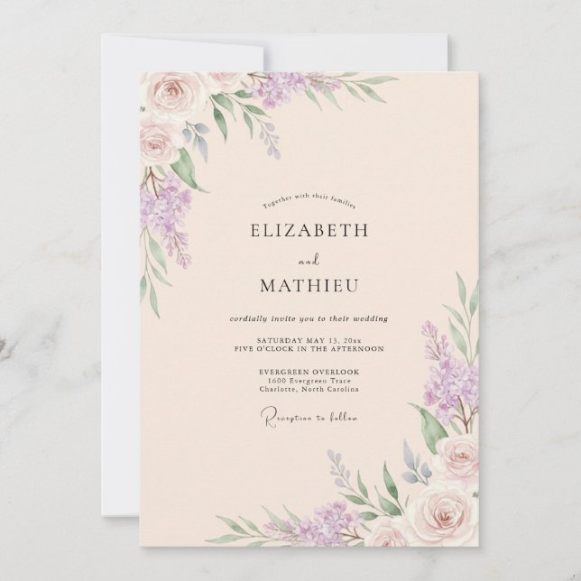Convite Casamento Lilás Wisteria Pêssego (Frente)