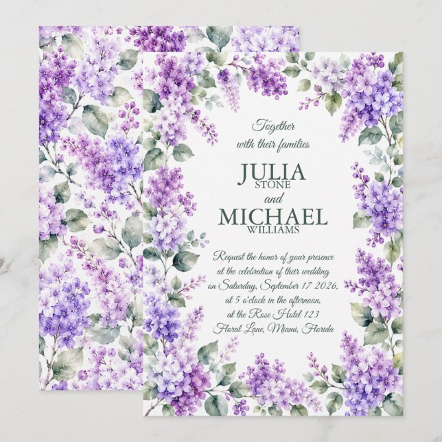 Convite Casamento Lilases (Frente/Verso)
