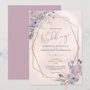 Convite Casamento Lilático Geométrico Floral de Watercol