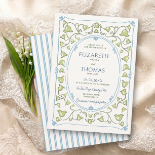Convite Casamento Lily Valley Vintage Nouveau Azul Empoeir