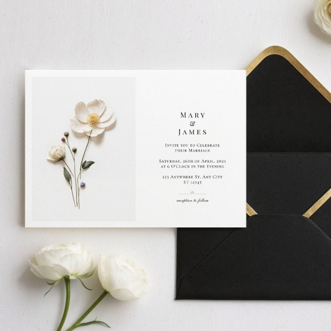 Convite Casamento Linda Horizontal de Flor Branca Elegante (Criador carregado)