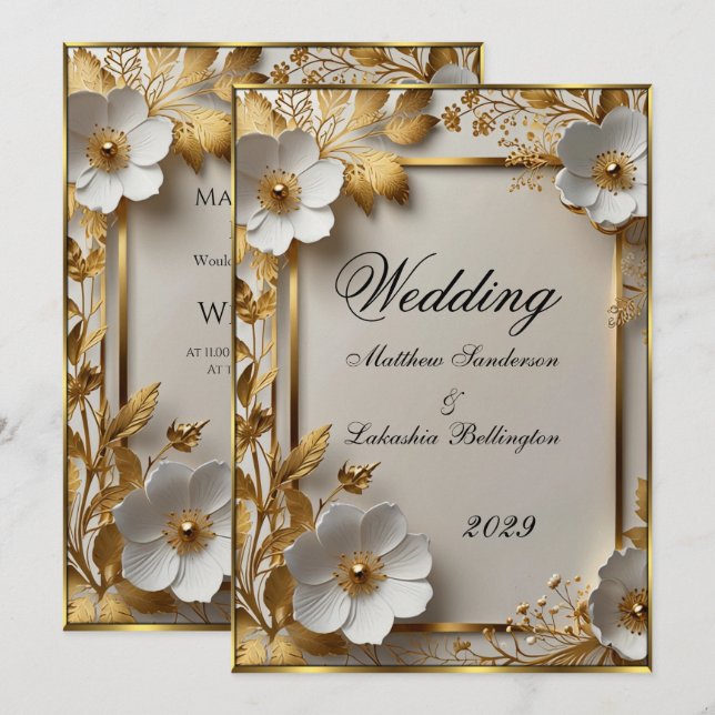 Convite Casamento Lindas flores brancas Douradas Modernas (Frente/Verso)