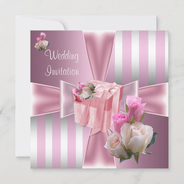 Convite Casamento Lindo Cetim Rosa Listra Prata Laço (Frente)