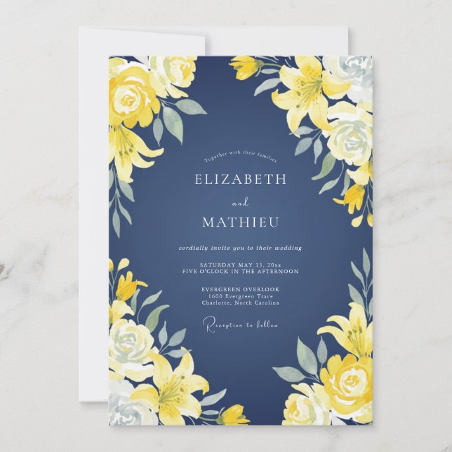 Convite Casamento Lírio Amarelo Marinho (Frente)