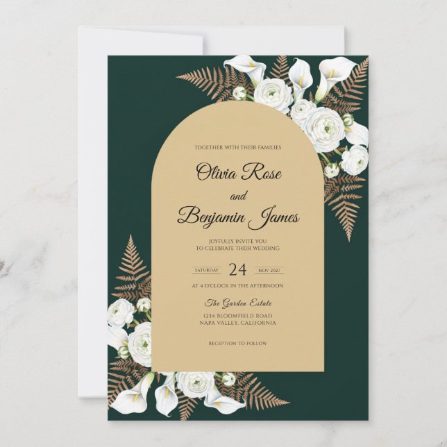 Convite Casamento Lírio Feto Dourado (Frente)