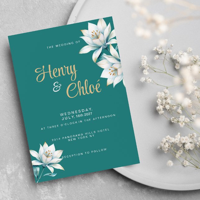 Convite Casamento lírio-floral de ouro branco-aquarela (Watercolor white teal gold lily floral Wedding )
