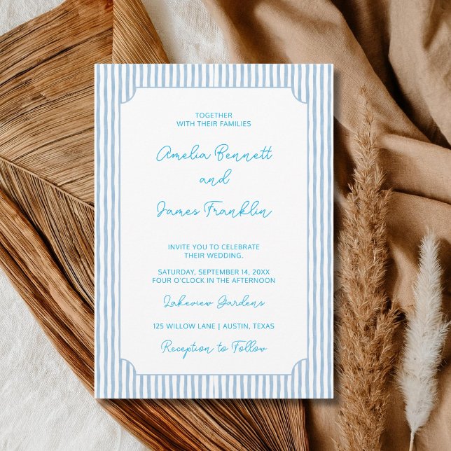 Convite Casamento Listrado Azul Aquarela Clássico Casament (Criador carregado)