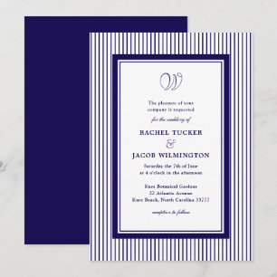 Convite Casamento Listrado Azul Escuro Monograma Elegante