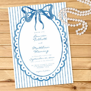 Convite Casamento Listrado com Laço de Aquarela Azul Capri