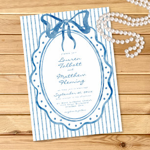 Convite Casamento Listrado com Laço de Aquarela Azul Capri