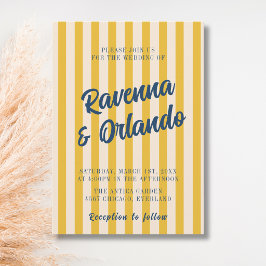 Convite Casamento Listrado de Azul Meia-Noite e Bege Suave
