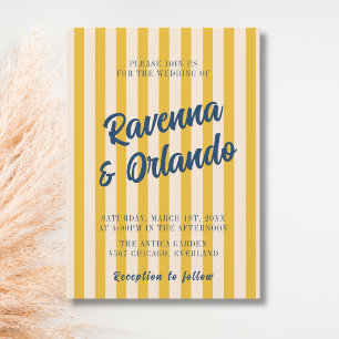 Convite Casamento Listrado de Azul Meia-Noite e Bege Suave