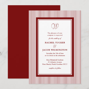 Convite Casamento Listrado de Monograma Elegante Vermelho 