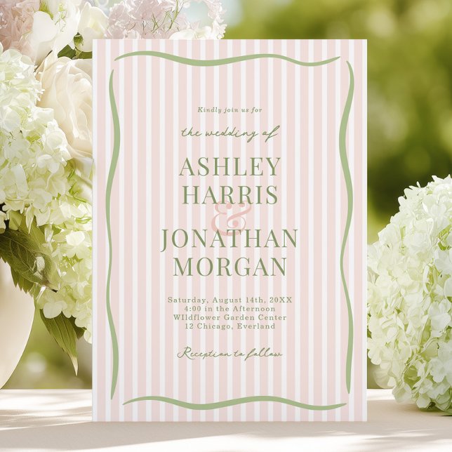 Convite Casamento Listrado em Rosa e Sage Retrô (Criador carregado)