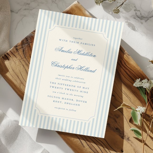 Convite Casamento Listras Azuis Claras Clássicas (formal and elegant French blue stripes wedding invitation with timeless typography)