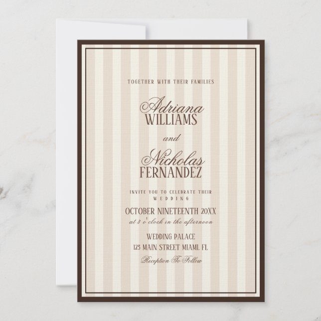 Convite Casamento Listras Bege Café Luxo (Frente)