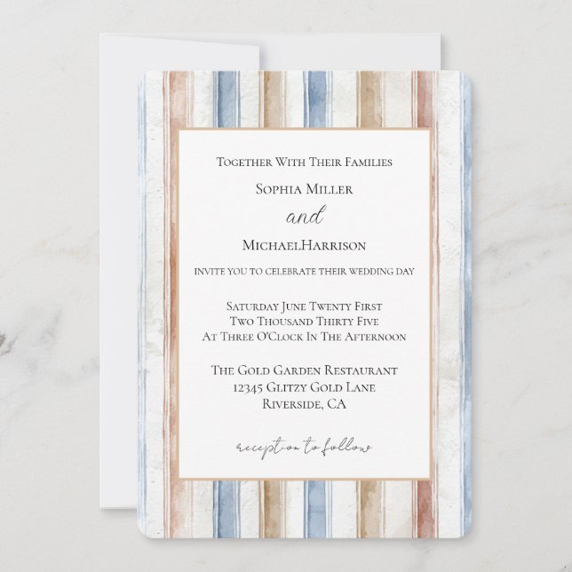 Convite Casamento Listras Bege Creme Azul Bonito (Frente)