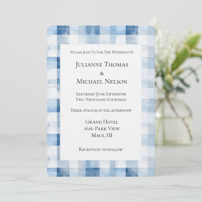 Convite Casamento Listras Brancas Azuis (Em pé/Frente)