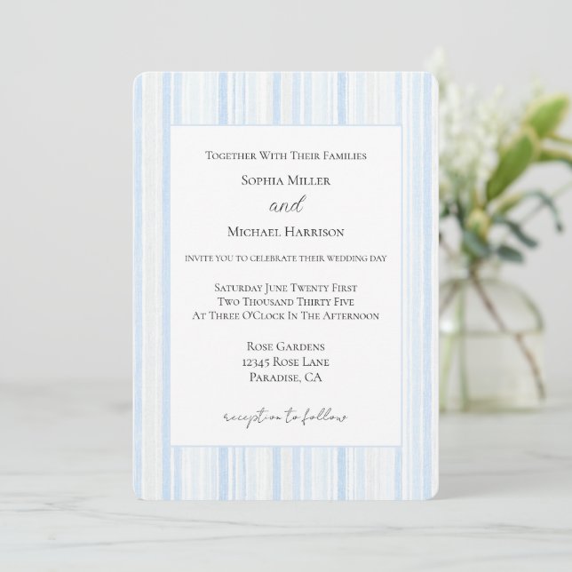 Convite Casamento Listras Brancas Azul Claro (Em pé/Frente)