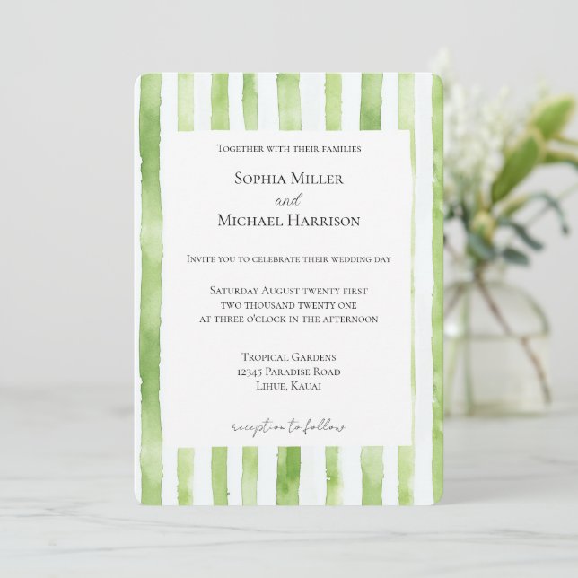 Convite Casamento Listras Brancas Verde Tropical (Em pé/Frente)