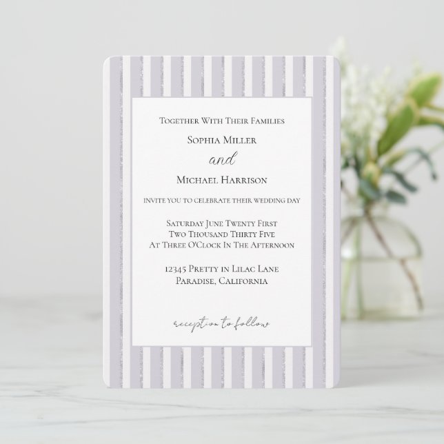 Convite Casamento Listras Brilho Glitter Lilás Roxo (Em pé/Frente)