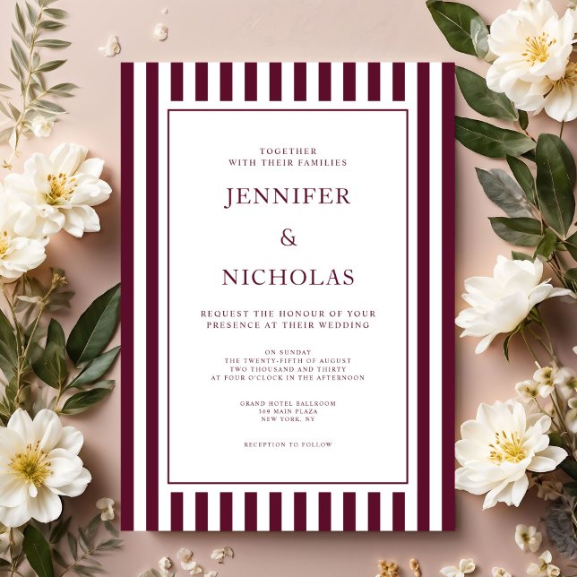 Convite Casamento Listras Burgundy Clássico (Classic Burgundy Stripes Wedding Invitation)