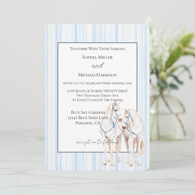 Convite Casamento Listras Cavalos Brancos Azul Bebê (Em pé/Frente)