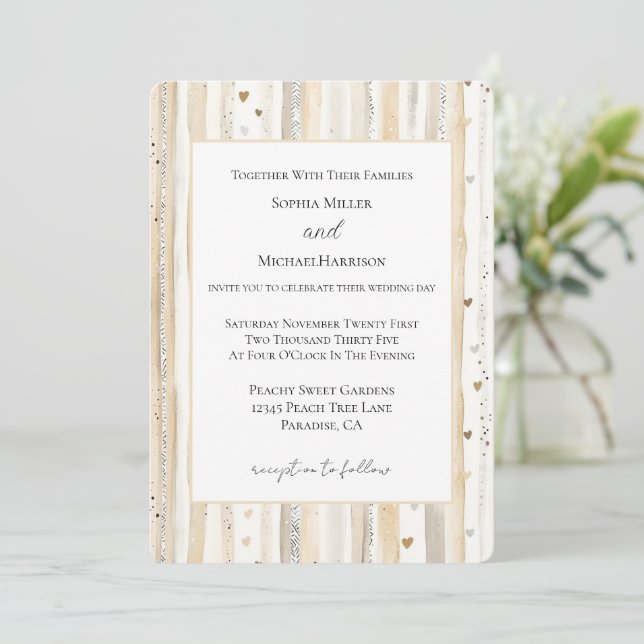 Convite Casamento Listras Corações Branco Creme (Em pé/Frente)