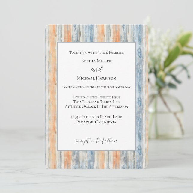 Convite Casamento Listras Creme Pêssego Azul (Em pé/Frente)