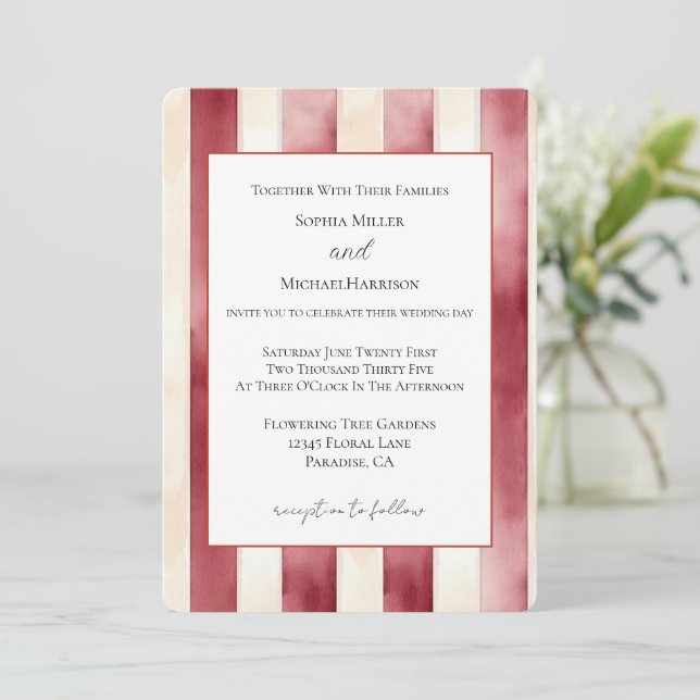 Convite Casamento Listras Creme Vermelho Borgonha (Em pé/Frente)