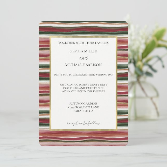 Convite Casamento Listras Douradas Rosa Bege Verde Vermelh (Em pé/Frente)