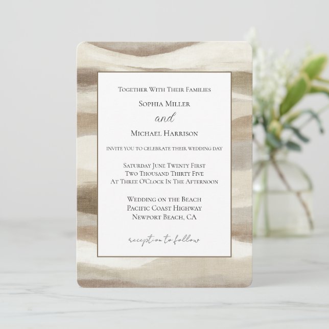 Convite Casamento Listras Onduladas Marrom Creme (Em pé/Frente)
