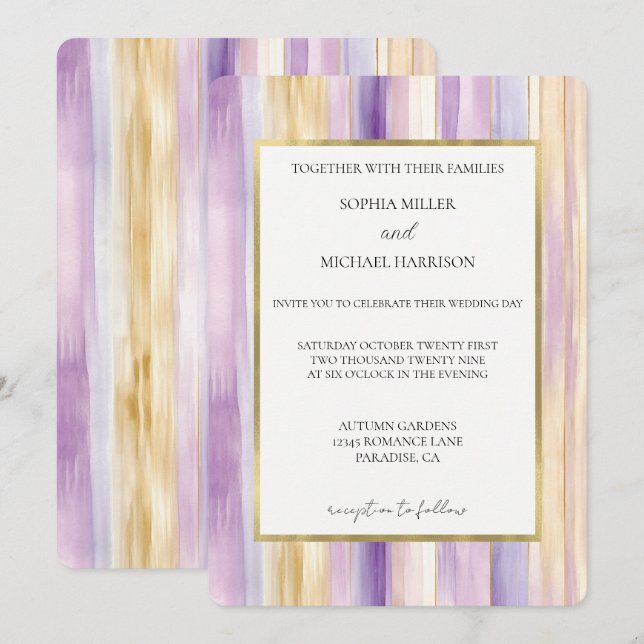 Convite Casamento Listras Roxo Lavanda Dourado (Frente/Verso)