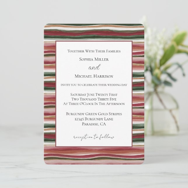 Convite Casamento Listras Vermelhas Bege Burgundy Verde Do (Em pé/Frente)