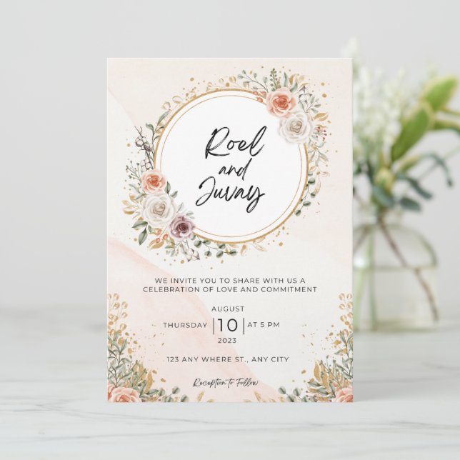 Convite Casamento Livre Floral de Cor Básica Branca (Em pé/Frente)