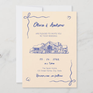 Convite Casamento Local Esboço Desenhado à Mão Azul