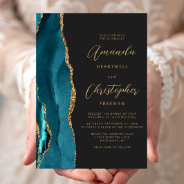 Convite Casamento Lousa Script Dourado Ágata Azul Turquesa