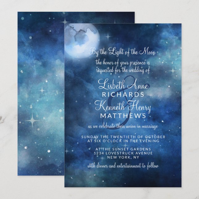 Convite Casamento Lua Cheia Estrelas Celestiais (Frente/Verso)