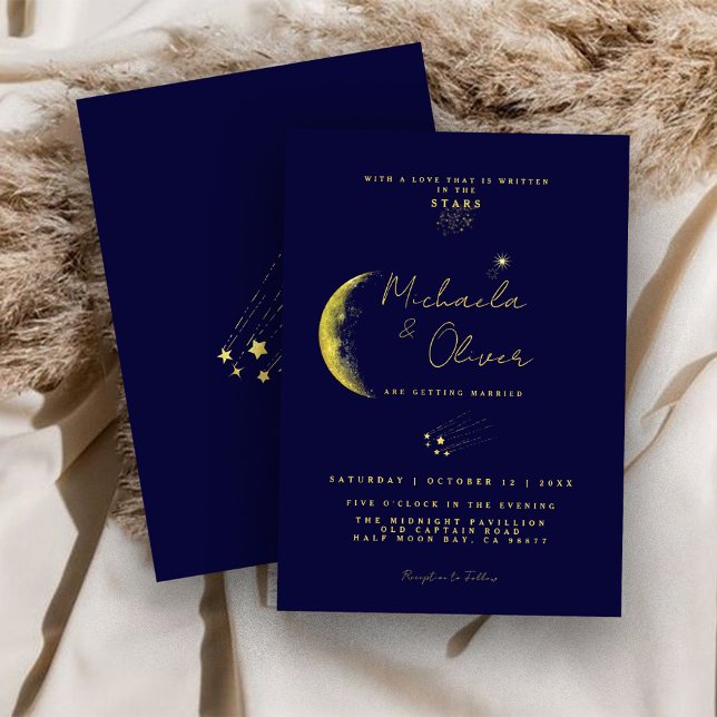 Convite Casamento Lua Crescente Azul Celestial Meia-Noite  (Criador carregado)