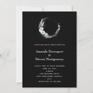 Convite Casamento Lua Crescente Azul com Flores Brancas