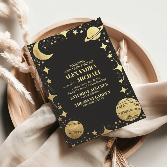 Convite Casamento Lua Crescente Dourada Celestial (Criador carregado)