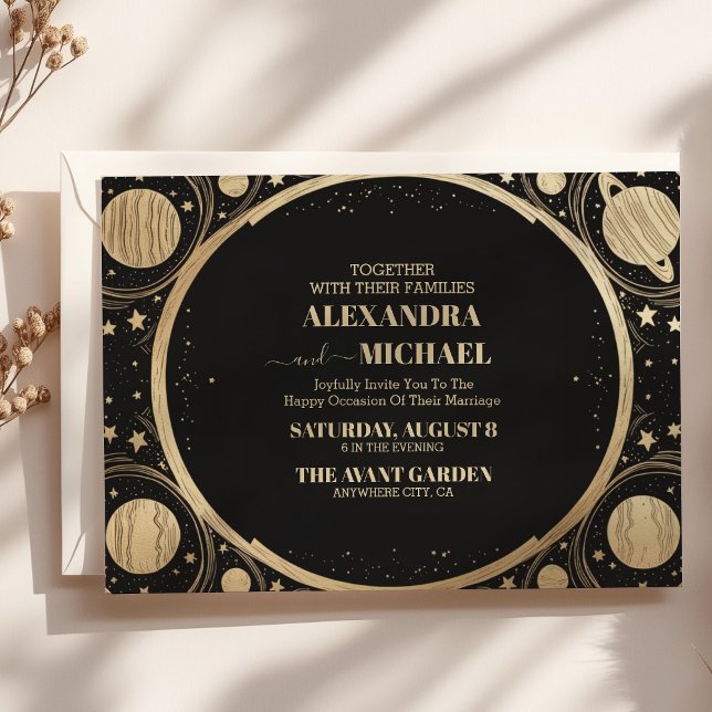 Convite Casamento Lua Crescente Preto Celestial Dourado (Criador carregado)
