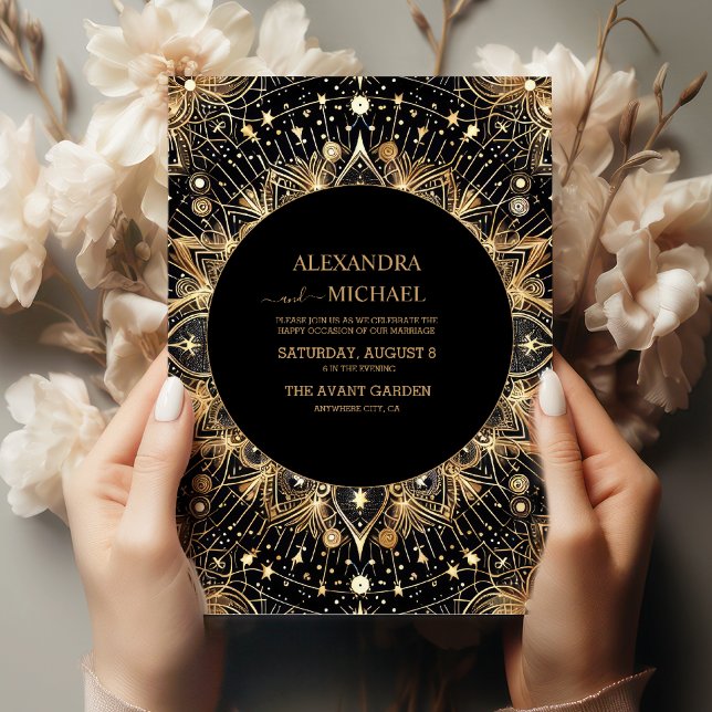 Convite Casamento Lua Crescente Preto Meia-Noite Celestial (Criador carregado)