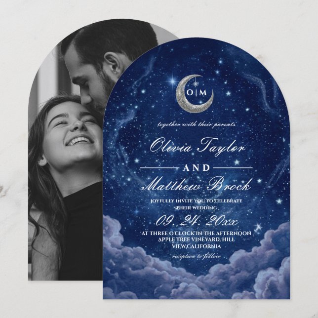 Convite Casamento Lua e Estrelas à Meia-Noite Celestial (Frente/Verso)