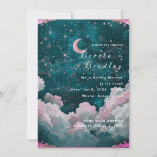 Convite Casamento Lua e Estrelas Sonhadoras em Turquesa