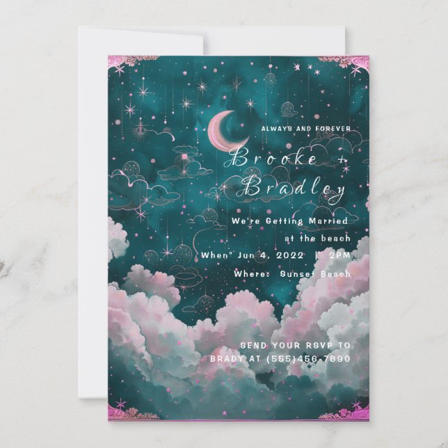 Convite Casamento Lua e Estrelas Sonhadoras em Turquesa (Frente)