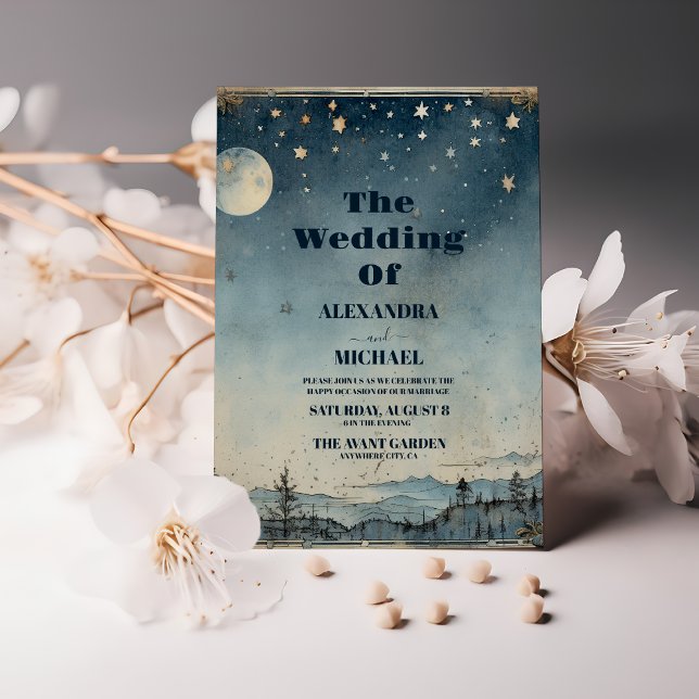 Convite Casamento Lua Sol Azul Místico Vintage (Criador carregado)